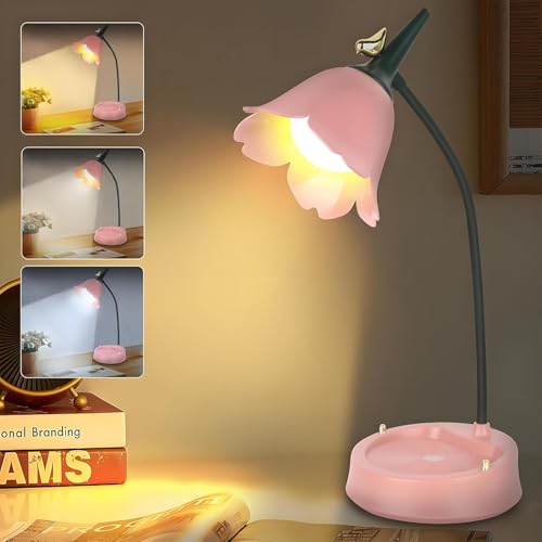 DAJASD Schreibtischlampe Kinder, Schreibtischlampe Mädchen, Dimmbare LED Tischlampe mit 3 Farbtemperaturen und Flexibles Arm, für Kinder Schlafzimmer Café (Rosa, 39x15x12.5cm)