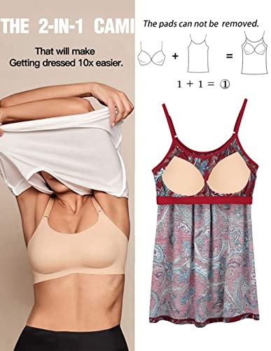 Anyfitting Plus Sized Bohemian Tank Tops Ladies Bra Cami Red Floral Vintage Spaghetti Strap Flowy Camisole With Built In Bra #TOP2