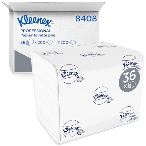 Kleenex Papier Toilette Plié 8408, 2 Épaisseurs, Format Grand, Doux et Résistant, Distribution Feuille à Feuille, 36 Paquets x 200 Feuilles (7 200 au Total)