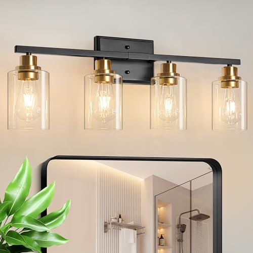 Image of Unicozin Modern Bathroom Light Fixtures, 4 Light Vanity Lights Over Mirror, Black and Gold Wall Lamp with Clear Glass for Living Room Cabinet Bedroom Porch