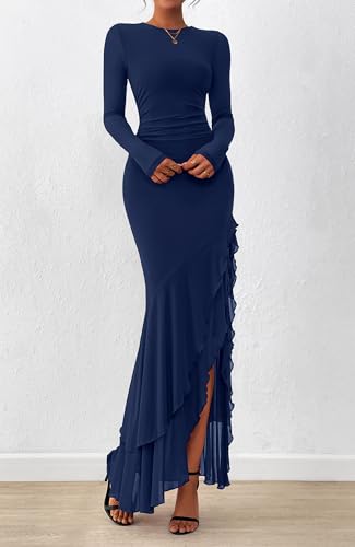 BTFBM Women's Maxi Dresses Fall 2025 Long Sleeve Ruched Bodycon Solid Ruffle Mermaid Cocktail Wedding Guest Dress