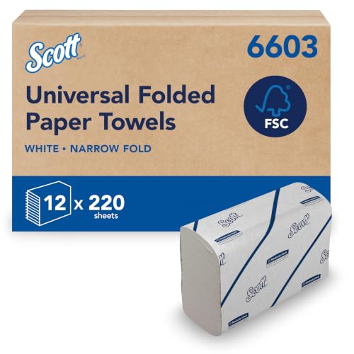 Scott Essential Hand Towels Narrow-Fold 2-Ply White Paper Towels Soft Absorbent FSC Certified Compatible with Multifold Dispensers 12 Clips x 220 Sheets (2 640 Sheets Total) Model Nr. 6603