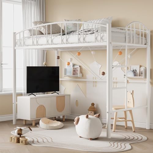 GarveeHome Loft Bed Twin Size, Heavy Duty Metal Loft Bed Frame with Arched Guardrail and Safety Ladder, Space-Saving, No Box Spring Needed, Modern Whi