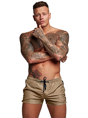 Malavita Men's Swim Trunks Quick Dry Beach Shorts with Zipper Pockets Khaki US XL_Asia Tag XXL,Waist:33.5"-39.5"