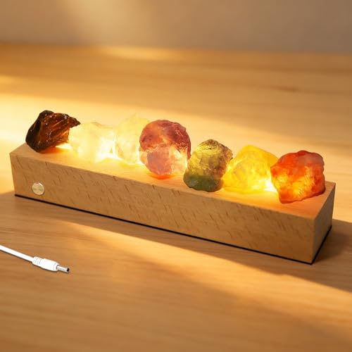Lámpara de Sal con Base Madera, 7 Colores Lámpara de Sal con Luz Ajustable para Ambiente Relajante, Luz Nocturna de Piedra Cristal, Luces Acogedora para Meditación, Yoga, Decor (baterías recargables)