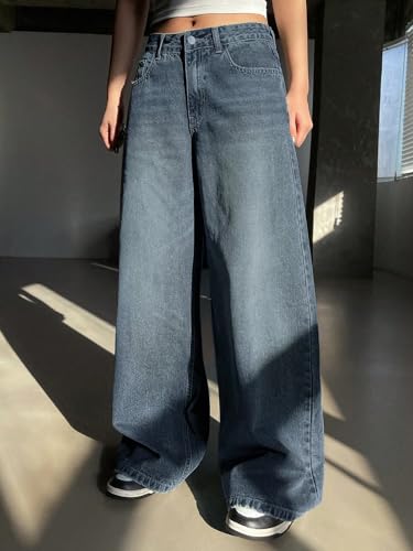 Image of Shasmi Women's Black Wide Leg Baggy Jeans | Loose Fit Denim Pants for Women | High Rise Streetwear | Casual Oversized Wide Leg Denim | Korean Style Baggy Trousers with Pockets (Jeans 296)