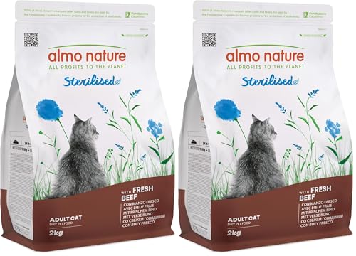 Almo Nature Sterilised - Croquettes pour Chat Stérilisé au Bœuf Frais - À Faible Teneur en Magnésium et avec des Fibres pour Le Contrôle du Poids - Sac de 2kg (Lot...