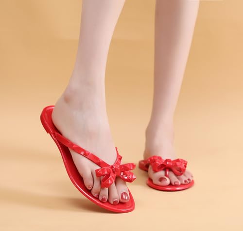 Image of Studded Jelly Shoes for Womens Bow Flip Flops Jellies Sandals Flat Black Summer Beach Thong with Rivets Strappy Slides Slip On