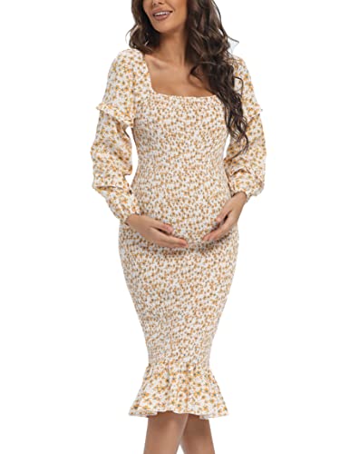 Maternity Spring Floral Midi Bodycon Dresses, Short Puff Sleeve Square Neck Ruffle Hem Mermaid Baby Shower Dress White Orange S