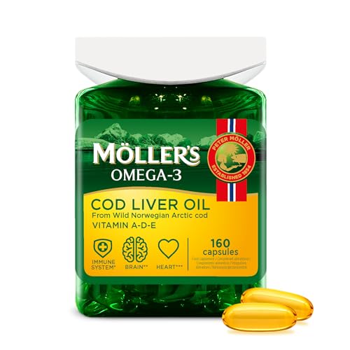 Möller’s ® | Cápsulas de aceite de hígado de bacalao | Ácidos grasos Omega-3 DHA y EPA, con vitaminas A, D y E | Sistema inmune, función cardíaca, función cerebral y visión | 160 cápsulas