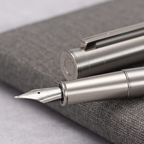 Image of Hongdian 1861 Stainless Steel Fountain Pen Long Blade Nib, Classic Design Smooth Writing Pen with Converter and Metal Pen Case Set