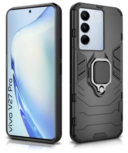 Image of WOW IMAGINE Shock Proof Back Case Mobile Cover for Vivo V27 | V27 Pro 5G (Tough Armor | Hybrid PC + TPU | Full Protection with Ring Holder & in-Built Kickstand | Black)