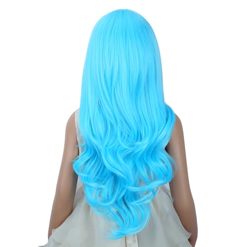 Image of Light Blue Wig Long Blue Middle Part Wig Long Wavy Curly Wigs Heat Resistant Synthetic Wigs for Daily Party Use
