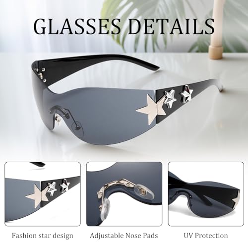 Y2K Sunglasses for Women Men Trendy Shield Wrap Around Sun Glasses Rimless Star Sunglasses Oversized Glasses Shades2