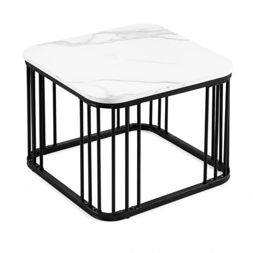 Image of Square Nesting Table Set of 2 - Marble MDF Top Coffee & Side Tables with Iron Frame for Living Room, Bedroom & Home Decor (Black & White, L-51x48 cm, S-41x41 cm)