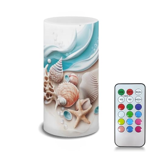 Image of Poceacles Seashell Conch Starfish Flickering Flameless LED Battery Candles Pillar Candles Tealight with 18-Key Timer Remote with Colorful Light Safe for Indoor Outdoor Home Wedding Decor