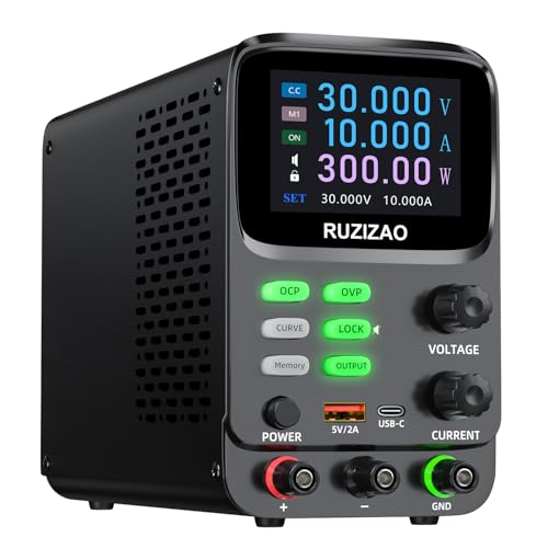 RUZIZAO 可変直流安定化電源 30V 10A 5桁TFT電流電圧双曲線表示 ミリアンペア電流表示ハイパーエンコーダ調整 デスクトップ電源 OCP/OVP メモリー機能 電気制御機器 研究室/指導/メンテナンス/テスト 日本プラグ線 日本語説明書付