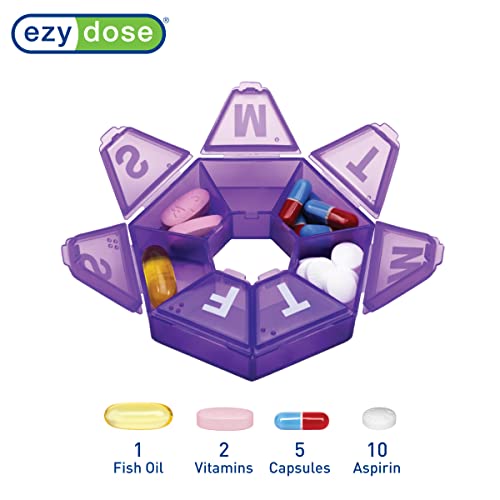Image of Ezy Dose Weekly (7-Day) Pill Organizer, 7-Sided Medicine Planner, Purple | Compact Daily Round Vitamin & Supplement Medicine Case, Convenient and Easy to Use, Travel-Friendly Container, BPA-Free