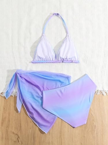 Image of WDIRARA Girl's 3 Piece Swimsuit Halter Triangle Bikini Set Ombre Beach Sport Swimsuits with Cover Ups