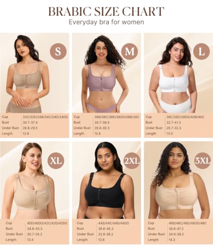 Image of BRABIC Wireless Zip Front Closure Bras for Women No Underwire Full Coverage Comfort Everyday Post Surgery Compression Bra (US, Alpha, 3X-Large, Regular, Regular, Beige)