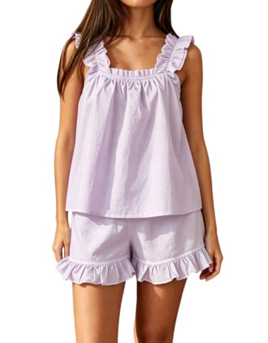 Image of Womens Summer 2 Piece Set Fashion Ruffle Trim Cami and Casual Shorts Set Cotton Pajama Sets