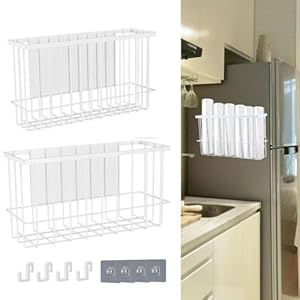 Ygapuzi 2Pack Magnetic Metal Basket for Fridge, Magnetic Organizer Shelf Rack for Side of Refrigerator with Adhesive Hooks for Kitchen Office Laundry Room Storage Accessories (White)