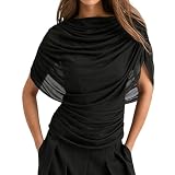 FWSAM Women Dressy Draped Half Cape Sleeve Ruched Waist Tee Shirt Top Flowy Sheer Mesh Panel Boat...