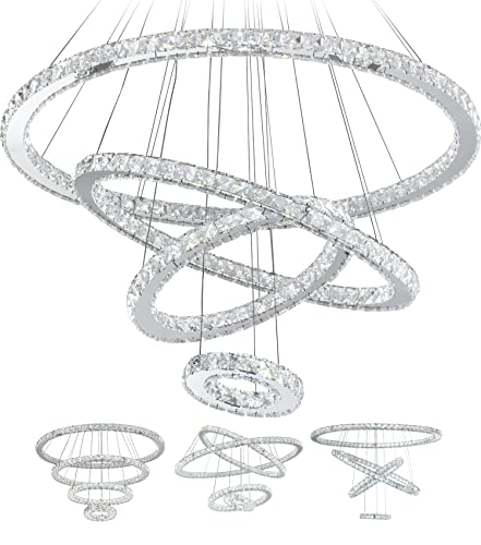 Led Crystal Chandelier, Diy Modern Lighting Oval 4 Rings Hanging Adjustable, Cool White Pendant Lamp, Stainless Steel Ceiling Light Fixture For Living Dining Bedroom Ring: 31.5/23.6/15.7/7.9" #TOP29