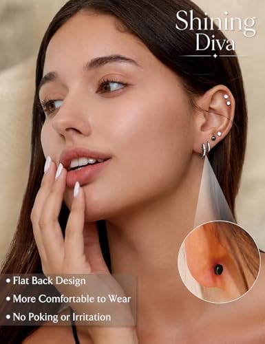 Image of Shining Diva Fashion 12 Pairs Anti Tarnish Earrings Combo Set | 14K Gold Plated | Hypoallergenic Stainless Steel Earring for Sensitive Ears | Flat Back Stud Hoop Cartilage Earring for Multiple Piercing