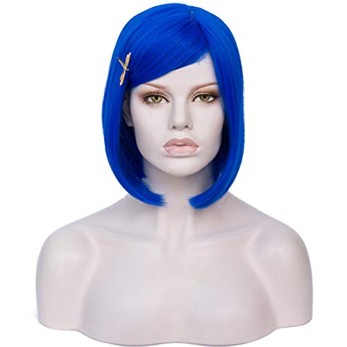 Morticia Short Straight Blue Women Bob Full Bang Kids Wig With Gold Dragonfly Hairpin (Adult) #TOP22