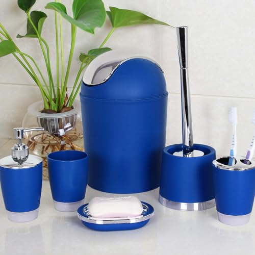 Bathlux Modern Design 6 Piece Bathroom Accessory Set, Toilet Brush, Waste Bin, Soap Dish, Tooth Brush Holder Soap Dispenser, Rinse Cup (Blue)