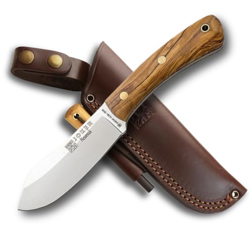 Joker Cuchillo de monte Nessmuk, con puño en madera de olivo de 11,5 cm, hoja de 10,5 cm, Incluye Pedernal + Funda de cuero en color marrón oscuro. Cuchillo By J.Sabater