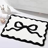 Tinideya Scalloped Bow Bathroom Mat Non Slip Coquette Bow Rug Cute Aesthetic Scallop Carpet Preppy Room Decor Microfiber Absorbent Bath Rug for Bathroom Bathtub Shower Bedroom(Black,16" X 24")