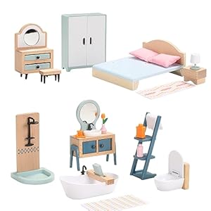 Wooden and Plastic Dollhouse Furniture Set, Bathroom and Bedroom Set, 24 PCS Dollhouse Accessories Pretend Play Furniture Toys for Boys Girls & Toddlers