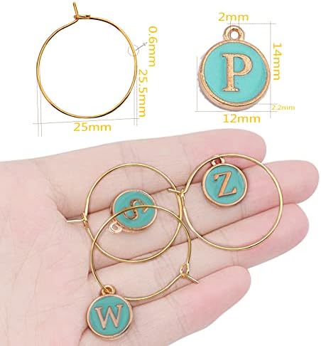 Aylifu 52pcs 12 mm Round Light Green Alphabet Charms Enamel Initial Letter Pendants and 60pcs 25 mm Golden Wine Glass Marker Rings for Wine Tasting Party Decoration