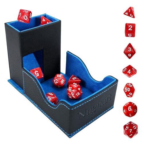 Nugnurt D&D Dice Tower & DND Dice Tray Foldable Portable Dice Rolling Tower with Tray and Storage DND Dice Accessory for Dungeons and Dragons PU Leather Dice Box with 7 Dice Black/Blue