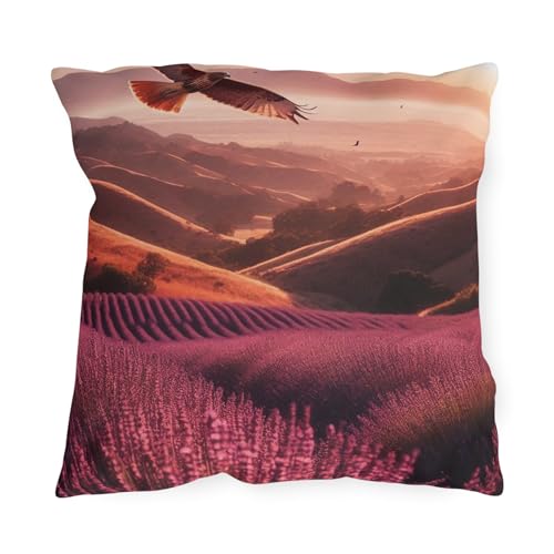 Outdoor Pillow - Hawk Circling Over Lavender Fields in California