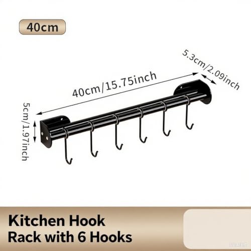 Modern Kitchen Utensil Rack, Black Wall-Mounted Hanging Rod with 6 Movable Hooks, 15.75 Inch Metal Storage Organizer