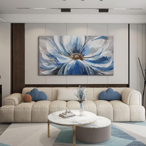 Image of Large Blue Wall Art Framed, White Blue Flower Canvas Wall Decor for Living Room Bedroom, Modern Botanical Floral Painting Picture Artwork, 29x58 Inch Big Size Ready to Hang