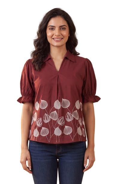 Maroon Embroidered Leaf Detail Puff Sleeve V-Neck Casual Top-image-42