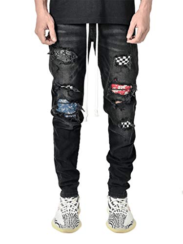 Generic Men's Vintage Ripped Patch Jeans Printed Pattern Skinny Biker Denim Pants Hip Hop Skinny Check Patchwork Jean Trousers (Black,Large)2
