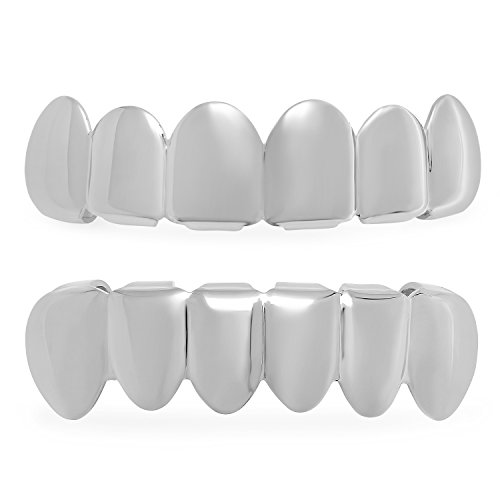 The Bling Factory High-Polished 0.16 mils (4 microns) 24k Yellow Gold Plated Flat Top & Bottom Grillz Set, Silver