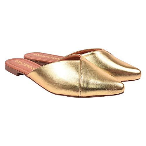 Mule Feminino Rasteira Bico Fino Dourado Eleganteria Tamanho:37;Cor:Dourado