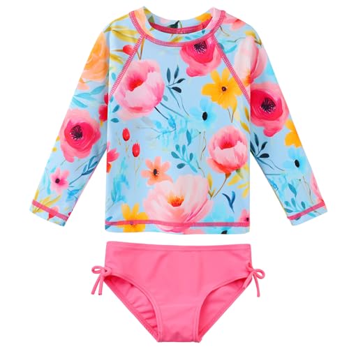 HUAANIUE Baby/Toddler Girls 2 Piece Rash Guard Long Sleeve Swimsuit Set CyanFlowers 2-3T