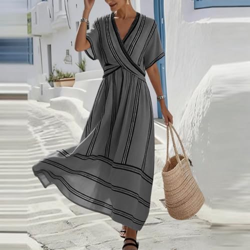 Women's Summer Boho Striped Print Midi Dress Short Sleeve Deep V Neck Criss Cross Empire Waist Flowy Beach Dress Gray-L