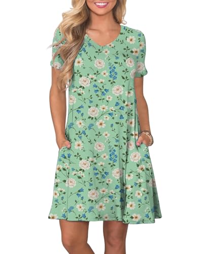 Image of COSSEN Women's Casual T Shirt Dress V-Neck Short Sleeves Swing Dresses Birthday Party Summer Travel Beach with Pocket