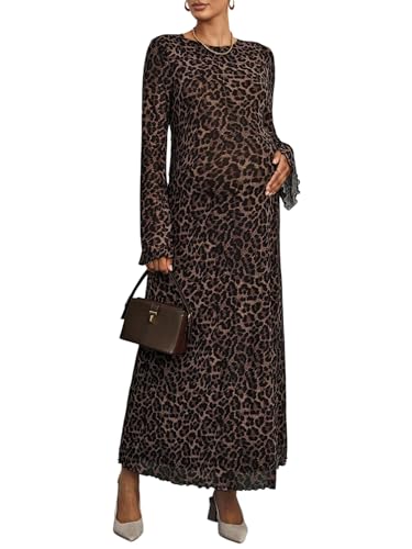 SweatyRocks Umstandskleid Damen Lang Leo Kleid Umstandsmode Kleid Langarm Maxikleid Mit Leo Print Herbstkleid Winterkleid Herbstmode 2025 Leoparden M
