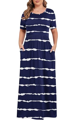 Image of KARALIN Women Plus Size Maxi Dress Short Sleeve Round Neck Loose Fit A-Line | Plus Size Long Dress,Summer Casual Maxi Dresses,Short Sleeve,Side Pockets,Round Neck,Elastic Waist,14 Plus - 26 Plus
