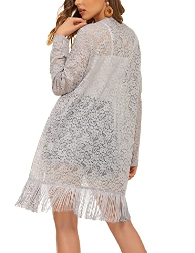 Women's Lace Beach Cover Up Tassel Long Sleeve Kimono Cardigans Open Front Sheer Cardigan Light Grey L #TOP5