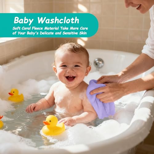 Image of HOMEXCEL Baby Washcloths 12 Pack-Microfiber Coral Fleece Baby Bath Face Towel 7 x 9 Inch Extra Absorbent Soft Burp Cloth and Wash Cloths for Newborn-Infants and Toddlers,Purple